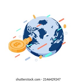 Flat 3d Isometric Bitcoin Key Unlock The World. Cryptocurrency and Blockchain Technology Concept.