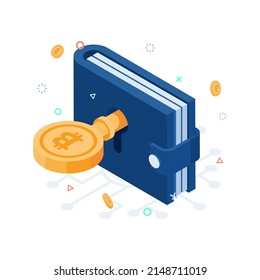 Flat 3d Isometric Bitcoin Key Unlock Wallet. Cryptocurrency and Hardware Wallet Technology Concept.