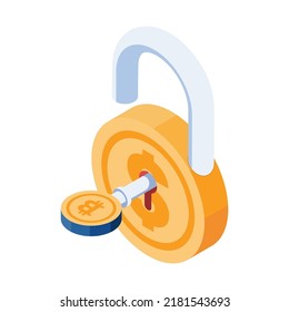 Flat 3d Isometric Bitcoin Key Unlock Dollar Coin. Bitcoin and Cryptocurrency Concept.