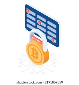 Flat 3d Isometric Bitcoin Lock with Mnemonic Phrase Password. Bitcoin and Cryptocurrency Security Concept.