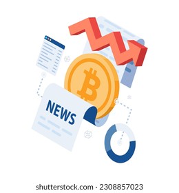 Flat 3d Isometric Bitcoin with Newspaper and Data. Bitcoin News and Cryptocurrency Data Analysis Concept.