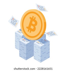 Flat 3d Isometrisches Bitcoin auf Steuerdokumentstapel. Bitcoin Tax und Cryptowährung Konzept.