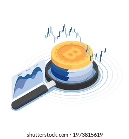 Flat 3d Isometric Bitcoin Over Magnifying Glass with Financial Chart. Cryptocurrency and Blockchain Technology Concept.