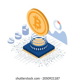 Bitcoin isométrico plano 3d sobre el chip de la computadora y la placa del circuito. Minería de Bitcoin y Concepto de criptodivisa.