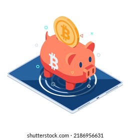 Flat 3d Isometric Bitcoin Piggy Bank on Digital Tablet. Bitcoin Saving and Cryptocurrency Hardware Wallet Concept.