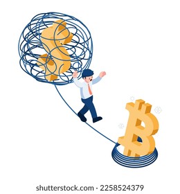 Flat 3d Isometric Bitcoin Rearrange Tangled Line From Dollar Symbol. Bitcoin and Cryptocurrency Concept.