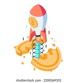 Flat 3d Isometric Bitcoin Rocket Piercing Through Dollar Coin. Bitcoin Replace Dollar Money and Cryptocurrency Concept.