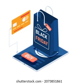 Flat 3d Isometric Black Friday Sale Shopping Bag on Digital Tablet and Credit Card. Black Friday Sale and Online Shopping Concept.