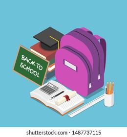 Flat 3d isometric blackboard with text back to school and a backpack, stationary, books, graduation cap. Back to school and education concept.