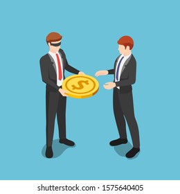 Flat 3d Isometric Blindfolded Businessman Giving Dollar Coin Money To Other Business People. Preventing Conflicts Of Interest With Blind Trusts Concept.