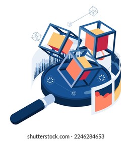 Flat 3d Isometric Blockchain and Magnifying Glass with Data Analytics. Blockchain and Big Data Analysis Concept.