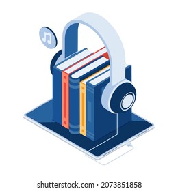 Plano 3d Isometric Book and Headphone On Digital Tablet. Concepto de libro de audio.
