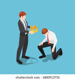 Flat 3d isometric boss giving  golden crown to kneeling businessman. Business success concept.