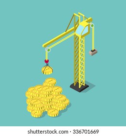 Flat 3d isometric build your financial profit prosperity business concept web infographics vector illustration. Crane building coin stack. Creative people collection.