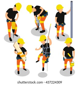Flat 3d isometric builder construction worker icon set concept web infographics vector illustration.