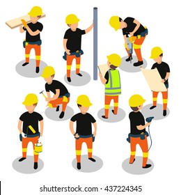 Flat 3d Isometric Builder Construction Worker Icon Set Concept Web Infographics Vector Illustration.