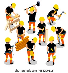 Flat 3d Isometric Builder Construction Worker Icon Set Concept Web Infographics Vector Illustration.