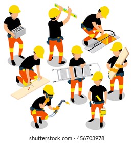 Flat 3d Isometric Builder Construction Worker Icon Set Concept Web Infographics Vector Illustration.