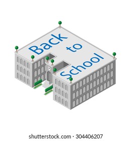 flat 3d isometric building school or university with a clock and an open door as well as with green trees and bushes near the school on the roof