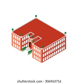 flat 3d isometric building school or university with a clock and an open door as well as with green trees and bushes near the school on the roof. for games, icons, maps.