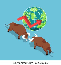 Flat 3d isometric bulls fighting with world and growth graph. Bullish stock market and financial concept.