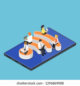 Flat 3d isometric busienss people with laptops working while sitting on Wi-Fi hotspot icon on digital tablet. Wi-Fi hotspot wireless network and internet connection concept. 