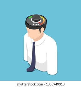 Flat 3d Isometric Busienssman with Meter at Max Position on His Head. Motivation and Idea Concept.