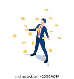 Flat 3d Isometric Busienssman Under The Rain of Golden Money Coin. Cash Flow and Business Success Concept.