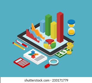 Flat 3d isometric business finance analytics, chart graphic report on tablet web infographic concept vector. Hourglass calculator money coins documents and collage on tablet. Stylish website banner.