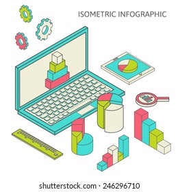 Flat 3d isometric business finance analytics, chart graphic report on tablet web infographic concept vector. 