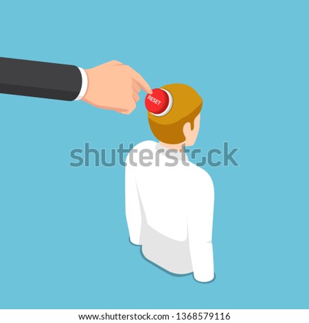Flat 3d isometric business hand pushing reset button on business man head. Reset mindset concept.