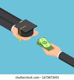 Flat 3d isometrische Geschäftshandlungen Austausch zwischen Geld und Graduierung Obergrenze. Bildungs- und Investitionskonzept