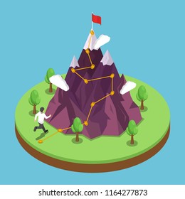 Flat 3d isometric business journey path to success target on the top of mountain. Mountain with climbing route to the peak. Career growth and goal achievement concept.