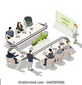 Flat 3d isometric business meeting. Research report team planning. People discuss project. Illustration of a business presentation meeting around a tables. Vector isolated on white background.