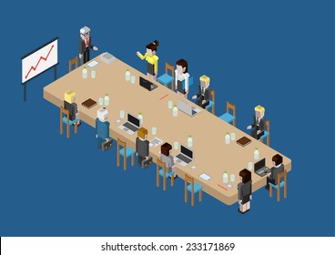 Flat 3d Isometric Business Meeting, Skull Session, Council, Presentation, Get-together, Palaver Web Infographic Concept Vector. Group Of Character People Big Table, Boss In Center By Blackboard. 