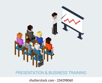Flat 3d isometric business meeting, skull session, council, presentation, get-together, palaver web infographic concept vector. Group of character people conference hall blackboard chart graphic.