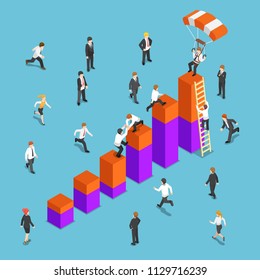 Flat 3d isometric business people competing to reach the top of the graph. Business competition concept.