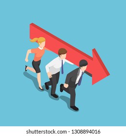 Flat 3d isometric business people carry an arrow and move forward together. Business team and teamwork concept.