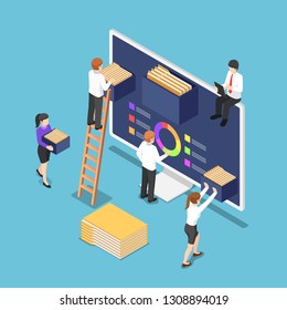 Flat 3d isometric business people are organize document files and folders inside computer. File and data management concept.