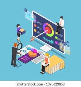 Flat 3d isometric business people analyzing business statistics on computer smartphone and document. Business data analysis concept.