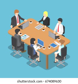 Flat 3d Isometric Business People Meeting, Teamwork and Business Conference Concept