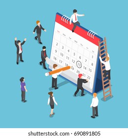 Flat 3d Isometric Business People Planning and Scheduling Operation by Drawing Circle Mark on Desk Calendar. Business Operations Planning and Scheduling Concept.