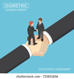 Flat 3d Isometric Business People Shaking Hands On Big Handshake. Partnership And Successful Business Agreement Concept