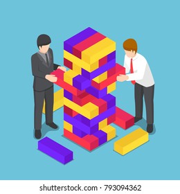 Flat 3d Isometric Business People Playing Wood Tower Toy. Business Competition And Strategy Concept.