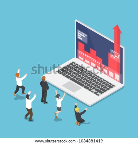 Flat 3d isometric business people happy when graph growth up through laptop monitor. Business success concept.