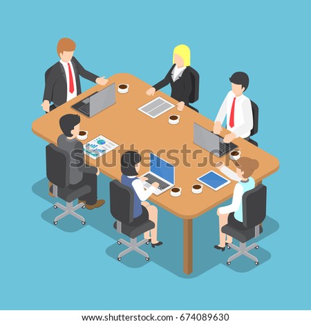 Flat 3d Isometric Business People Meeting, Teamwork and Business Conference Concept
