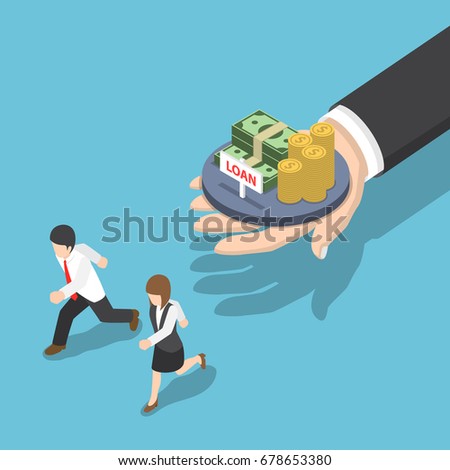 Flat 3d Isometric Business People Running Away from Loan Offer, Loan and Debt Concept