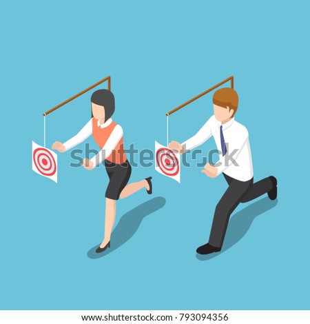 Flat 3d isometric business people try to catch target. Business motivation and target concept.