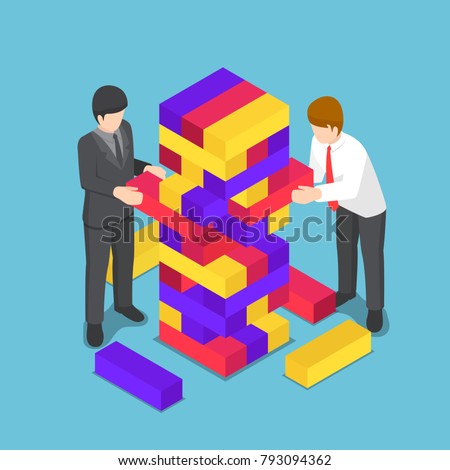 Flat 3d isometric business people playing wood tower toy. Business competition and strategy concept.