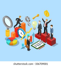 Flat 3d isometric business success movement concept web infographics vector illustration. Winner pedestal runner graphic checklist businessman research magnifier clock. Creative people collection.